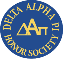 Navy circle with gold lettering. Around the outer edge of the circle, it says Delta Alpha Pi Honor Society. The inside has Delta Alpha Pi's greek letters.